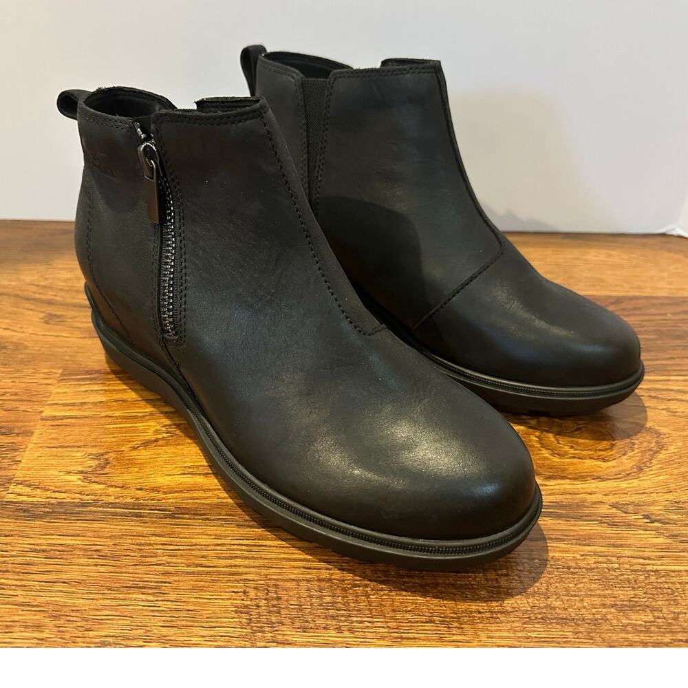 Sorel Evie II Zip Waterproof Leather Ankle Boots Women’s 8.5 Black Wedge Booties